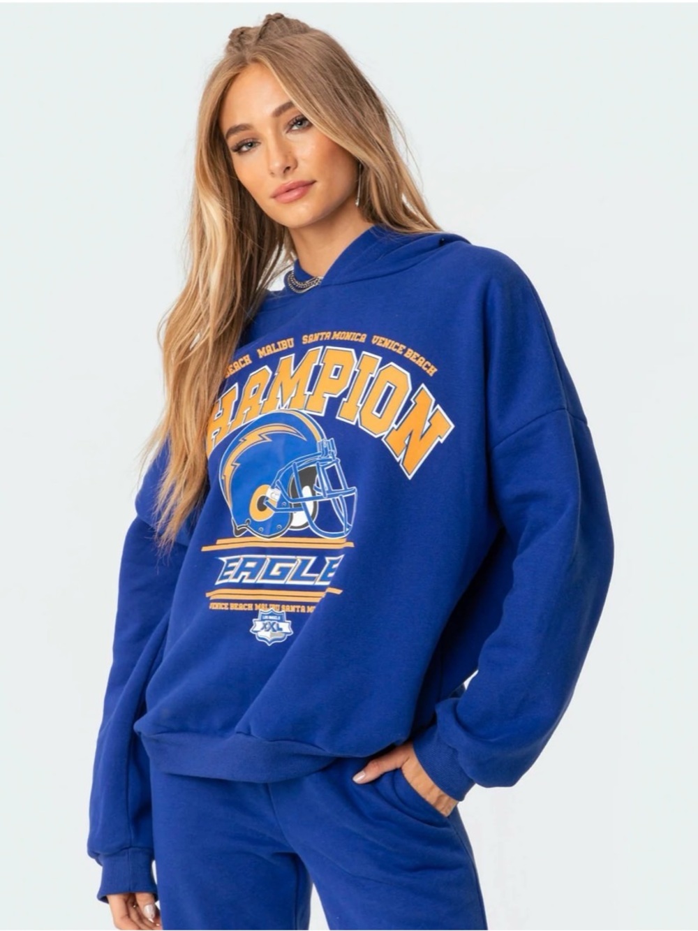 Edikted La Champion Blue Oversized Graphic Hoodie Sweatshirt Women's Size XS/S